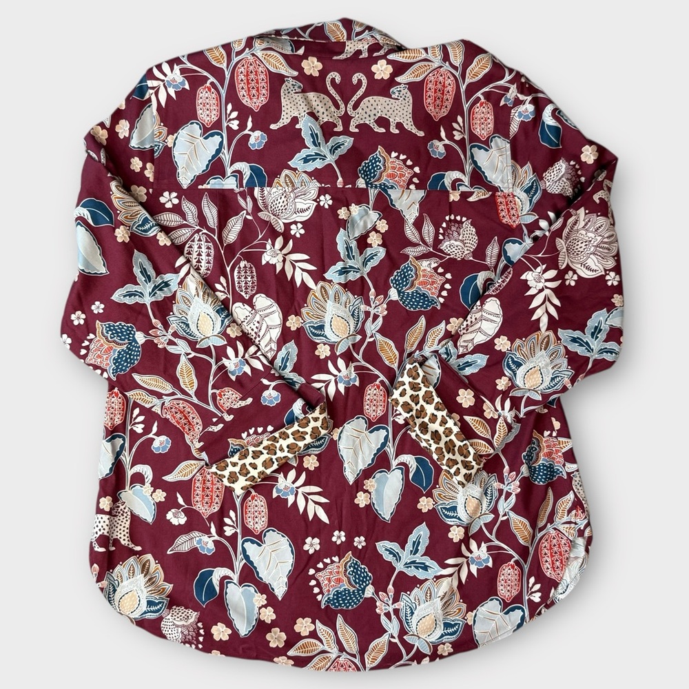 Chico’s Boho Hippie Bohemian Burgundy Floral Animal Print Blouse Size 1 (Medium) - Picture 2 of 10
